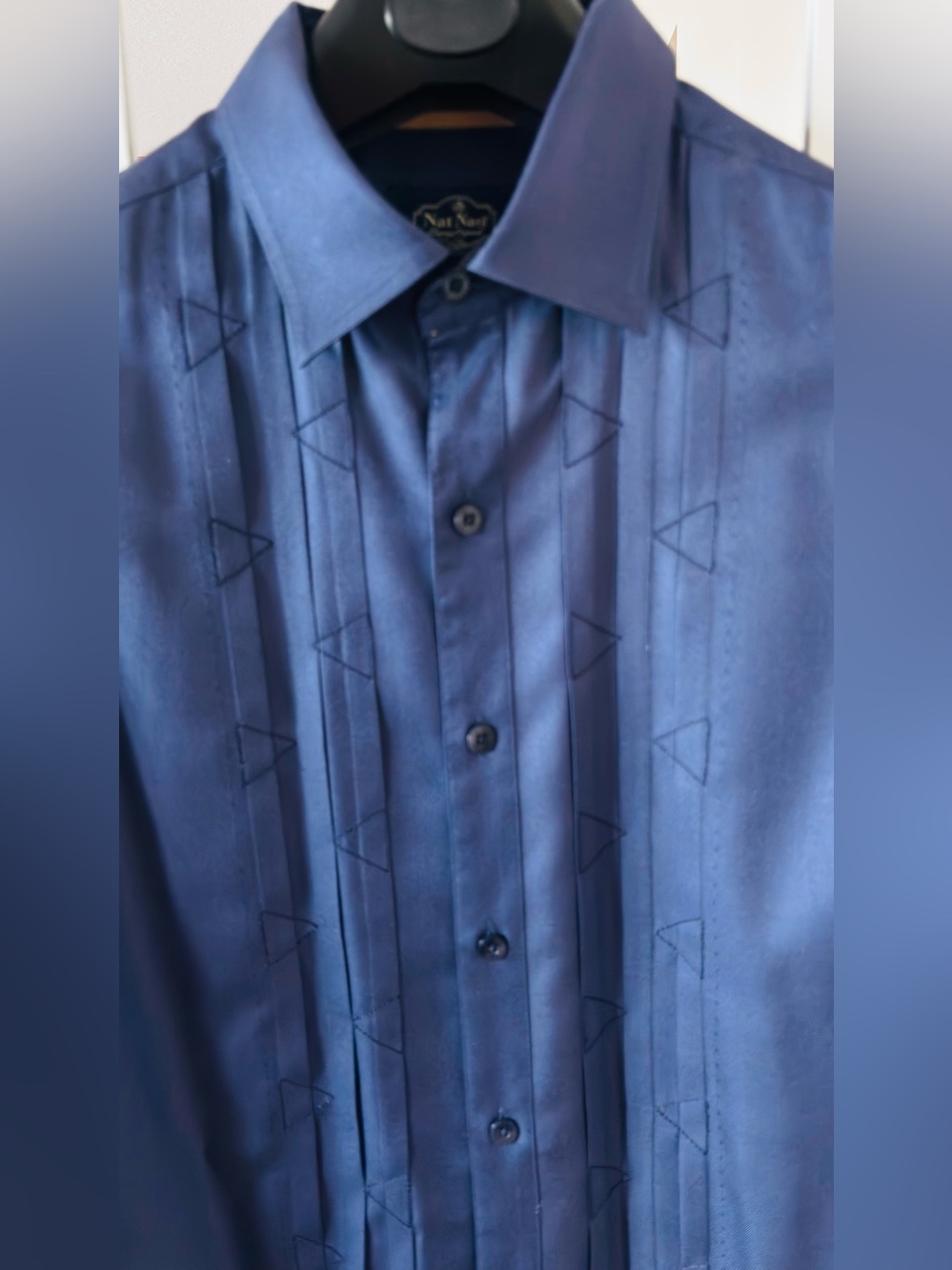 Silk Blended Blue Men's Dress Shirt - Tailored Pleat Front